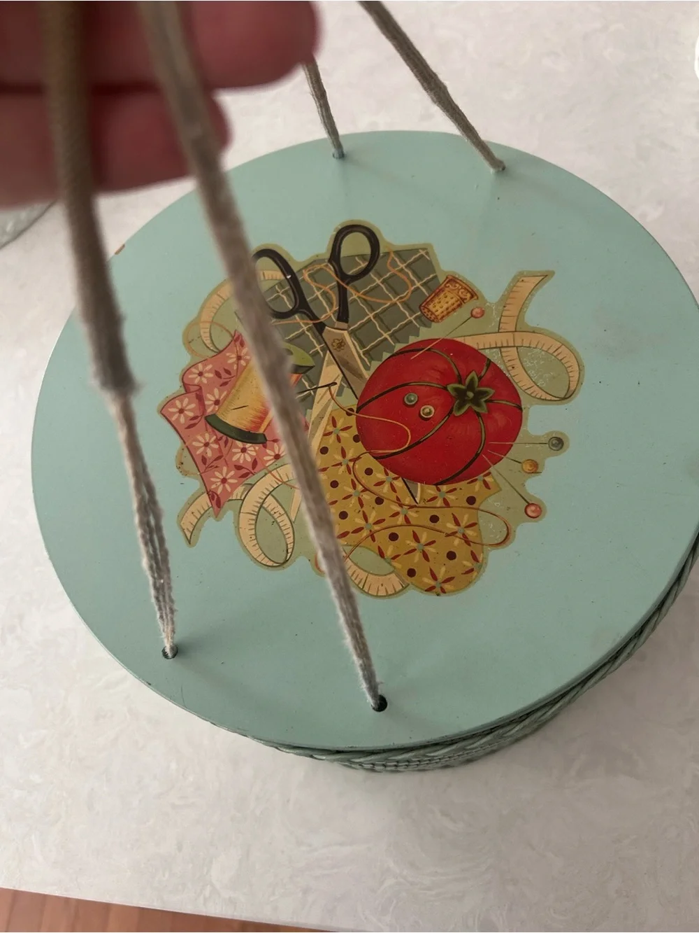 Vintage princess Sewing Basket with Tomato Pin Cushion Top - Mint Green